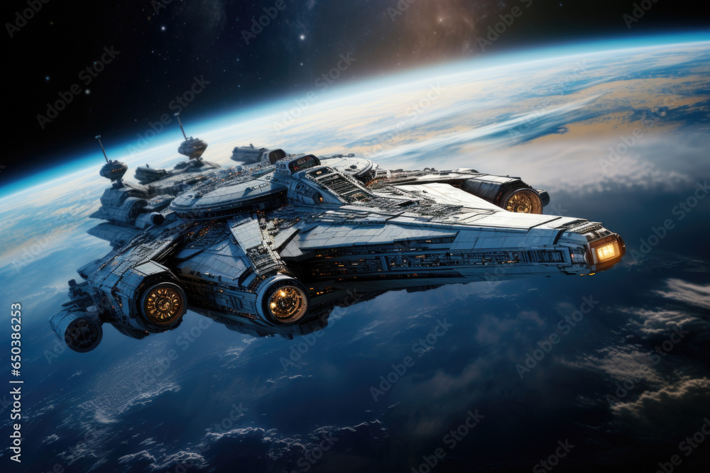 Aufkleber a space shuttle in mid-orbit, with the planet below as a backdrop. generative ai.