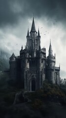 Gothic mystic and haunted castle house manor in dark forest. Halloween concept.
