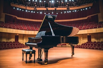 A beautiful black grand piano, on the stage of a concert hall, alone.