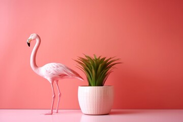 A flamingo in a red room, animal out of place, surreal humor. - obrazy, fototapety, plakaty