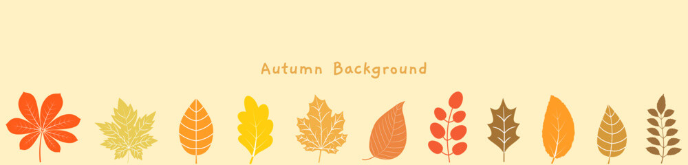 Horizontal vector background with autumn leaves in red, orange yellow and brown warm colors for banner, frame or border design - 650386468