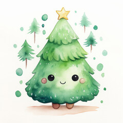 Cute christmas tree cartoon, water color style