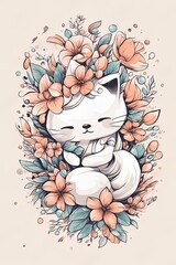 hand drawn cute cat in a white wreath cat in flowers.  vector. hand drawn vector illustration of cute cartoon cat in flower. hand drawn cute cat in a white wreath