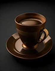 A coffee cup with a handle on top and saucer, with a dark background