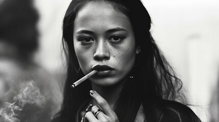Candid black and white photo of fictitious young beautiful asian woman smoking a cigarette AI generative