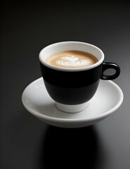 A coffee cup with a handle on top and saucer, with a dark background