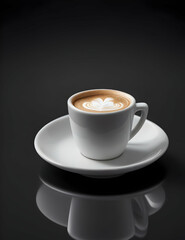 A coffee cup with a handle on top and saucer, with a dark background