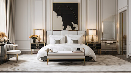 habitación de lujo con cama, cojines, cuadro, alfombra con decoración clásica en tonos blancos y negros