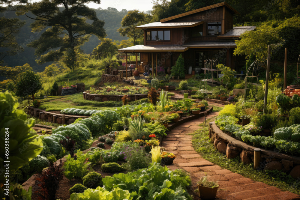 Poster a lush permaculture food forest, showcasing the principles of sustainable land use. generative ai.