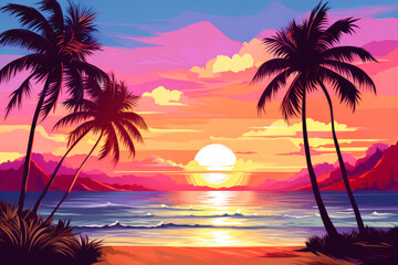 Tropical sunset on the beach with palm trees. illustration