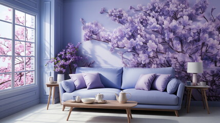 Wallpaper of a luxurious living room with purple colour and interior trees.