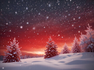 new years day dawn snow falling from red sky over forest trees winter landscape