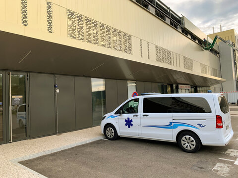 STRASBOURG, FRANCE - OCT 2, 2018: White ambulance van parked in front of hospital Rhena - the new hospital in Strasbourg
