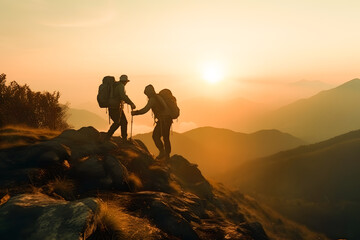 Two male hikers helping each other climb up a mountain, to show teamwork and perseverance.