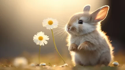 Plexiglas foto achterwand A small rabbit standing on its hind legs next to a flower © Maria Starus