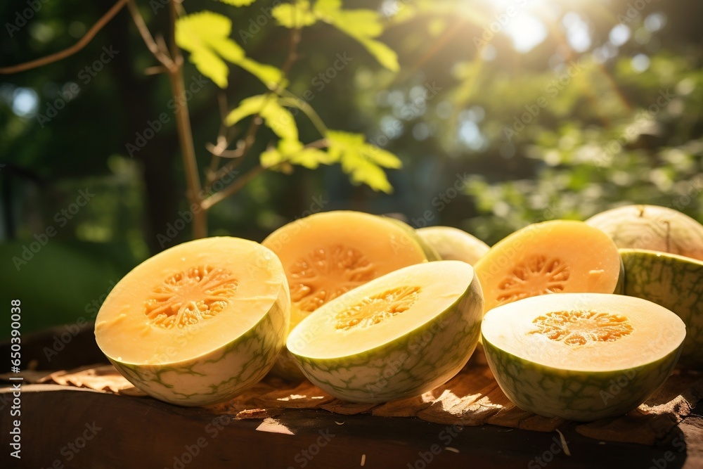 Wall mural Sunlit Slices of Japanese Melons with a Beautiful Background. - Wall murals