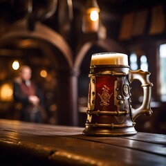 An ornate tankard of real ale waits on the bar, maybe for a pirate? - obrazy, fototapety, plakaty