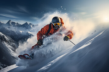 Professional skier athlete skiing at sunset on top of alps ski resort © Kenishirotie