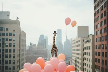 Gardinen Giraffe flying across the city on pink balloons © Pastel King
