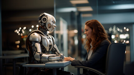 robot conversando con una mujer en un escritorio de oficina  - obrazy, fototapety, plakaty
