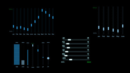 Set of blue line graph equalizer on black background