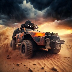 dirty off road vehicle with weapons driving through an american desert landscape armed dangerous mad max style gloomy tornado in the background thunderclouds and many flashes in the sky orange  - obrazy, fototapety, plakaty