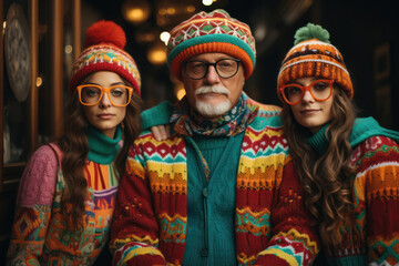 Fototapeta premium A family dressed in matching, outrageously colorful outfits for an awkward holiday portrait. Concept of eccentric holiday traditions. Generative Ai.