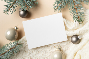 Christmas or New Year greeting card mockup, blank flat lay mock up with copy space