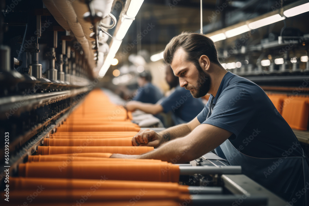 Poster workers in a textile factory operating looms and creating vibrant fabrics. concept of textile produc