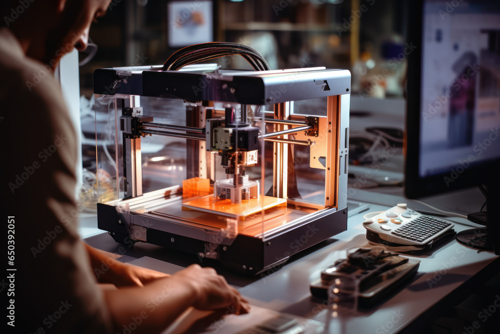 Poster a technician using a 3d printer to create a prototype of a new product. concept of additive manufact