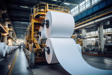 A paper mill with huge rolls of paper in various stages of production. Concept of paper manufacturing. Generative Ai.