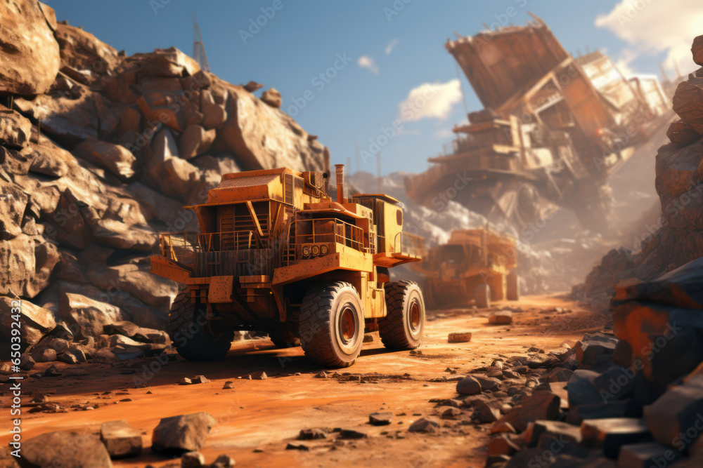 Poster a mining operation with heavy machinery excavating minerals from the earth. concept of resource extr