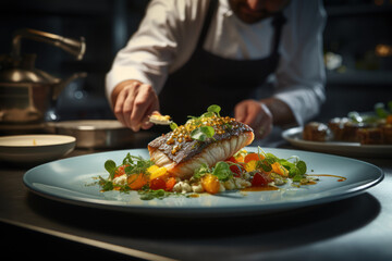 A chef expertly plating a gourmet dish in a high-end restaurant. Concept of culinary artistry. Generative Ai.