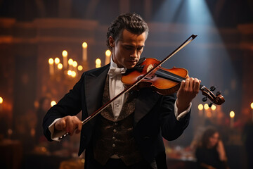 A musician passionately playing a violin in a symphony orchestra. Concept of classical music...