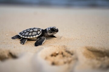 a small turtle crawling out of the sand on a beach