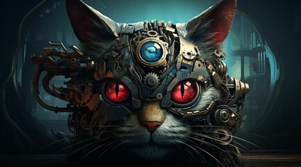 AI generated illustration of a robotic cat with glowing red eyes covered in mechanical gears - obrazy, fototapety, plakaty