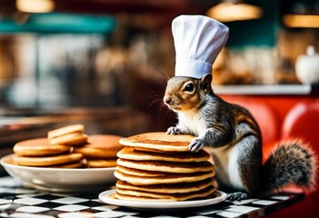 AI generated illustration of a gray squirrel perched on a wooden table, with fluffy pancakes - obrazy, fototapety, plakaty