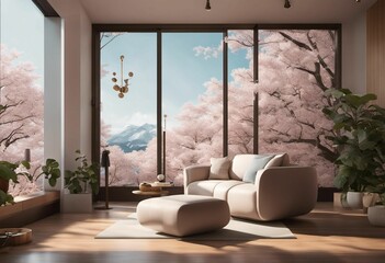 AI generated illustration of a cozy modern living room design with couch and potted flowers