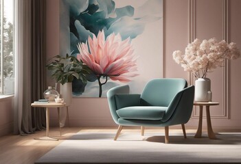 AI generated illustration of a cozy modern living room design with couch and potted flowers