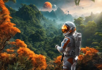 AI generated illustration of a space explorer on a vibrant, exotic planet in a jungle