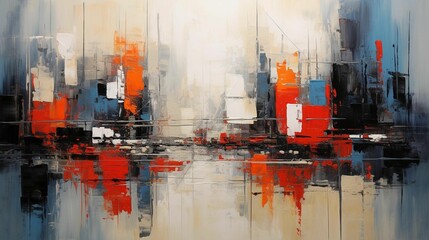 a painting that has an image of an abstract cityscape