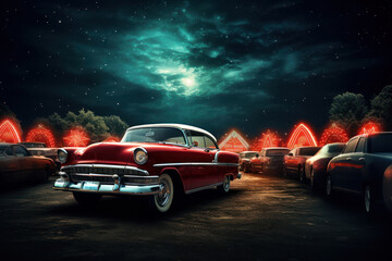 A retro drive-in movie theater with cars parked under the starry night sky. Concept of outdoor cinema. Generative Ai. - Powered by Adobe