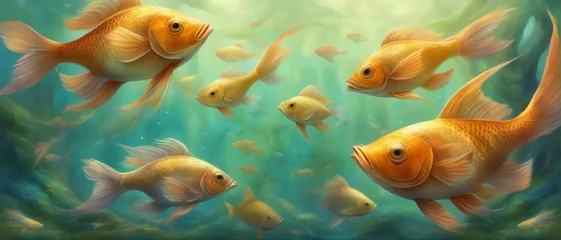 Fotobehang Wallpaper with goldfish in the underwater world. Generative AI. © F@natka