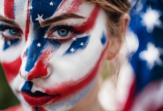 AI generated illustration of a young woman with a vibrant American flag painted on her face