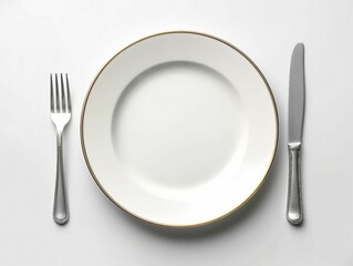 AI generated illustration of a white plate with a fork and knife on a white surface