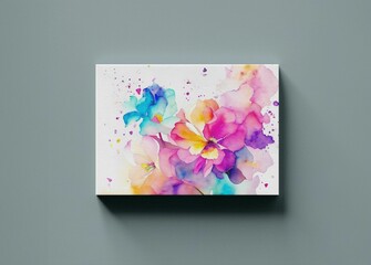 3D rendering of a canvas with watercolor flowers against a plain gray wall