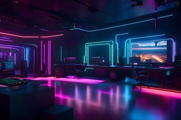 3d render Interior of a cyberpunk colorful streaming and gaming studio for streamers .