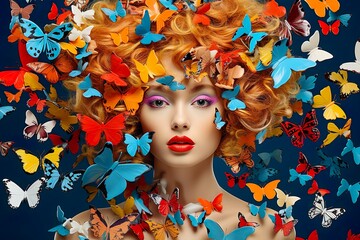 Surreal portrait of a woman with butterflies in her hair. Abstract photo in pop art collage style |...