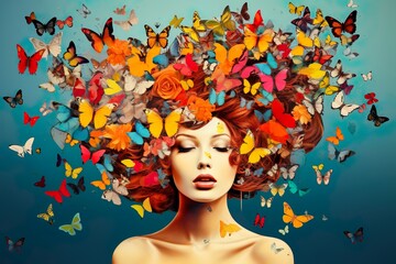 Surreal portrait of a woman with butterflies in her hair. Abstract photo in pop art collage style |...