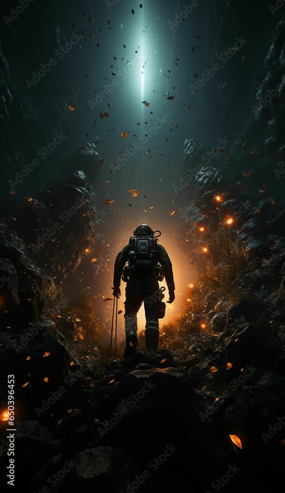 Poster ai generated illustration of an astronaut in a dark cave with a light illuminating the environment